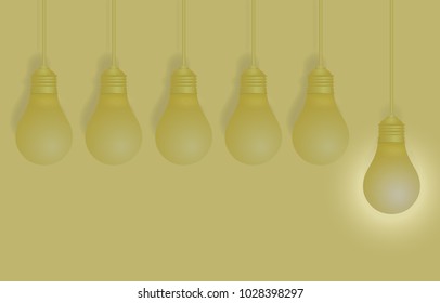 Creative ideas about the Light bulb. Different and distinctive lamps are lined in a vignette on a yellow background. The show featured in different ideas in the business. Success Vector illustrations