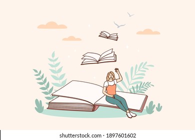 Creative ideas and books message concept. Smiling woman cartoon character sitting on open book page as meaning author moral idea and hidden information vector illustration