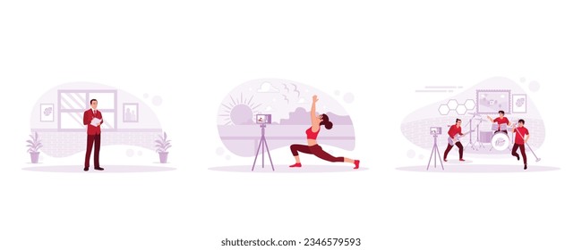 Creative ideas, brainstorming, female fitness vlogger, music blogger shooting online videos. Set Trend Modern vector flat illustration