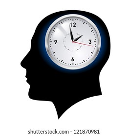 Creative ideas. Clock in head. Illustration on white