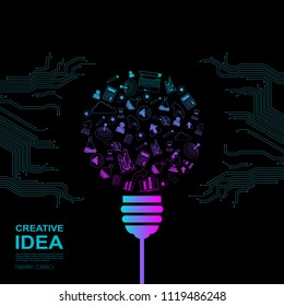 Creative ideas concept. Bulb light and symbols of business innovation.Invention development to success, vector illustration.