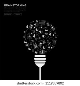 Creative ideas concept. Bulb light and symbols of business innovation.Invention development to success, vector illustration.