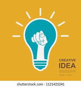 Creative ideas concept. Bulb light with a hand pointing at you to openness leads to success, vector illustration.