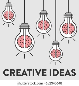 Creative Ideas. Concept Design with Brains inside of lightbulbs. Bright Idea.