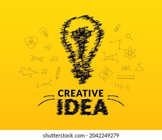 Creative ideas concept with doodle light bulb and typography lettering of idea on yellow background, inspiration, innovation, creativity