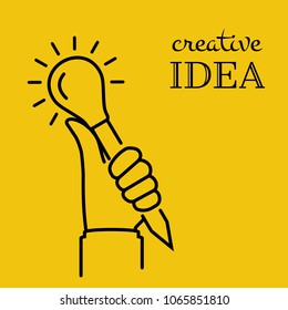 Creative ideas concept. Hand hold pencil with light bulb, silhouette icon. Innovation, solution. Success in education, art, work project. Vector illustration flat design. Isolated on yellow background