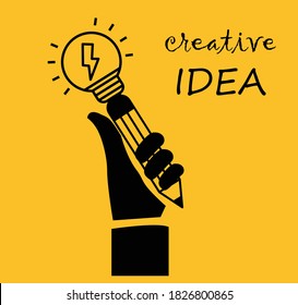 Creative ideas concept. Hand holding pencil with light bulb, silhouette icon. Innovation, solution. Success in education, art, project. Vector illustration flat design. Isolated on yellow background.