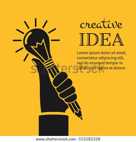 Creative ideas concept. Hand holding pencil with light bulb, silhouette icon. Innovation, solution. Success in education, art, project. Vector illustration flat design. Isolated on yellow background.