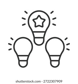 Kreatives Ideenkonzept, Ikone im Liniendesign. Kreativität, Idee, Inspiration, Innovation, Brainstorming, Konzept, Lösung auf weißem Hintergrund Vektor. Kreative Ideen editierbares Strichsymbol