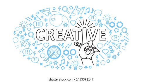Creative ideas concept. Line art Hand with pencil and set of creative cartoon  objects, symbols and items. Round frame composition. Vector illustration.