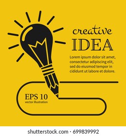 Creative ideas concept. Pencil with light bulb, silhouette icon. Innovation, solution. Success in education, art, work project. Vector illustration flat design. Isolated on yellow background.
