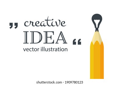 Concepto de ideas creativas. Ubicación de plantilla para texto. Lápiz con bombilla, icono de silueta. Innovación, solución. Éxito en educación, arte, proyecto de trabajo. Diseño de línea plana de ilustración vectorial. 