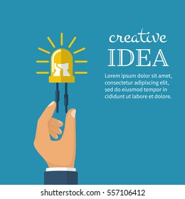 Creative ideas concept. Unusual invention idea holding in hand. Bright glowing diode light bulb. Innovation, solution. Success in education, work project. Vector flat design. Isolated on background.