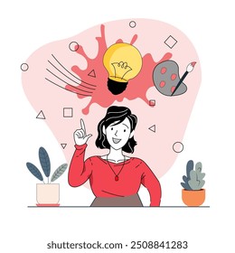 Creative ideas concept. Woman with light bulbs, Paint box