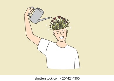 Creative ideas, development, individual growth concept. Young smiling happy man cartoon character standing watering head full of flowers blooming in pot vector illustration 