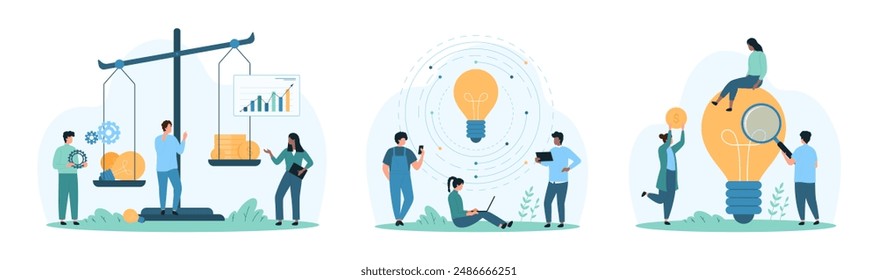 Creative ideas economic analysis, comparison of profits and investments set. Tiny people weigh money and light bulbs on scales, research lamp with magnifying glass cartoon vector illustration