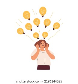 Creative ideas flow, inspiration and insights concept. Inspired happy woman with good imagination, creativity, thoughts, lightbulbs. Flat graphic vector illustration isolated on white background