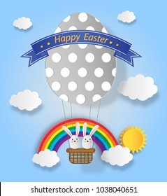 Creative ideas of happy Easter day with rabbit and balloon egg shape floating over clouds on blue sky. paper art and digital craft style. vector Illustration