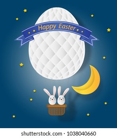 Creative ideas of happy Easter day with rabbit and balloon egg shape floating over half moon on sky at night. paper art and digital craft style. vector Illustration.