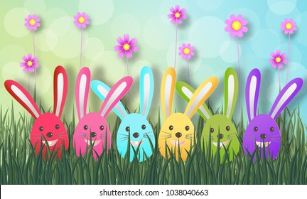 Creative ideas of happy Easter day with colorful egg and rabbit cute in grass, flower. paper art and digital craft style. vector Illustration