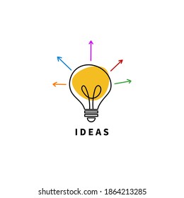 Icono de ideas creativas. Bombilla eléctrica dibujada a mano con vigas de flecha. Concepto del pensamiento empresarial