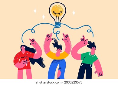 Creative ideas, innovation in business concept. Young smiling business people cartoon characters standing with hands up having great ideas in mind vector illustration 