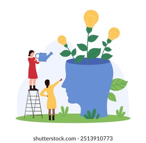 Creative ideas and innovation, open mind for smart solution and new product development, education. Tiny people grow bright bulbs inside human head, develop motivation cartoon vector illustration