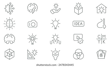 Creative ideas and inspiration linear icons collection. Innovation, idea, think, plan icon collection. UI thin outline icons pack.