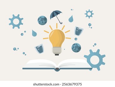 Creative Ideas and Knowledge for Water Solutions. open book with a lightbulb, water drops, gears, and a globe, symbolizing innovative thinking and solutions for water management. Water conservation