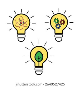 Creative ideas light bulb icon set, this pack symbolizes diverse concepts of ideas, knowledge, and sustainable solutions