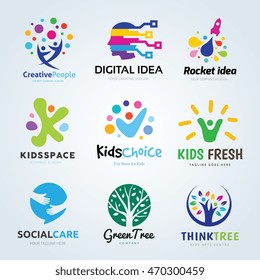 Creative Ideas Logo Set, Brand Identity Collection For Kids, Education ,ecology, Learning, People, Family, Social Media, Vector Template.