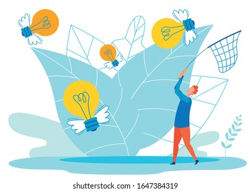 Creative Ideas Metaphor Flat Vector Illustration. Man, Boy With Butterfly Net Catching Winged Lightbulbs Cartoon Character. Looking For Innovations, Searching Inspiration. Fresh Thinking Concept