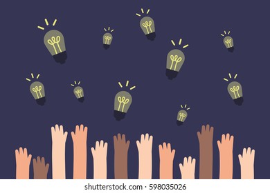 Creative ideas. Raised hands trying to catch the light bulbs / flat editable vector illustration, clip art