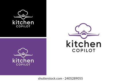 Ideas creativas restaurante café negocio de comida. diseño del logotipo del vector del avión de copiloto de cocina