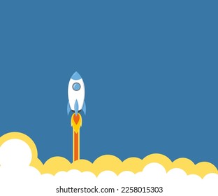 Creative ideas ,rocket ship flies up with sky clouds background , flying shuttle or Space travel, Space rocket launch, New project start up concept.