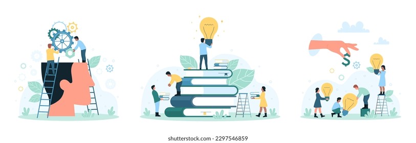 Creative ideas set vector illustration. Cartoon tiny people work with gears in brain of open human head, hand giving money to man and woman holding light bulbs, innovation and knowledge from books