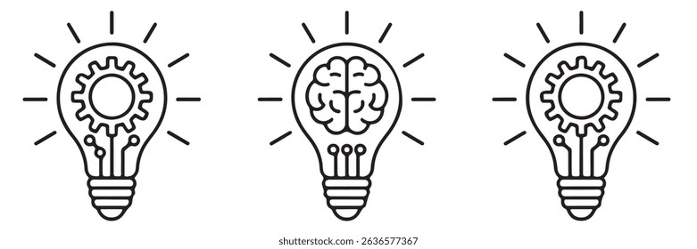 Creative ideas and solutions conceptualized in light bulbs with brains and gear symbols