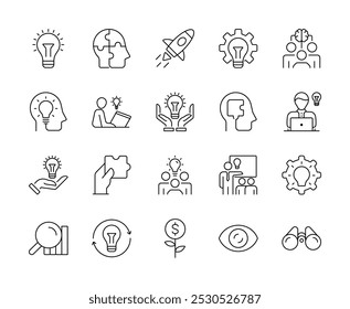 Creative ideas and solutions line icons. lampu puzel orang rocket brain. Editable vector stroke. vector illustration.