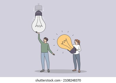 Creative ideas and Teamwork concept. Young partners colleagues teammates working on project having great innovative idea reaching for success in business vector illustration 