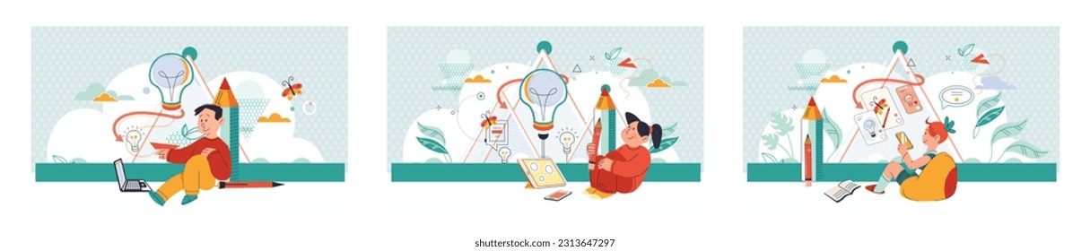 Creative ideas and technologies concept. Boy with smartphone, art teacher, flying ahead ideas and creative things. Child playing game on phone. Watching online drawing lesson, looking at pictures