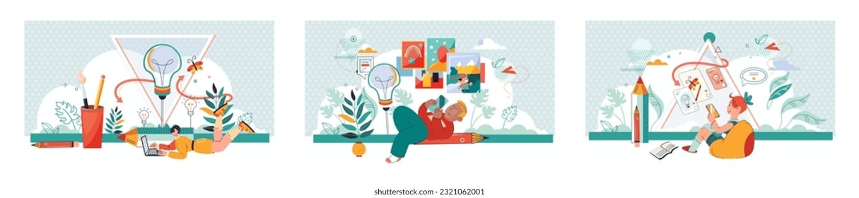 Creative ideas and technologies concept. Boy with smartphone, art teacher, flying ahead ideas and creative things. Child playing game on phone. Watching online drawing lesson, looking at pictures