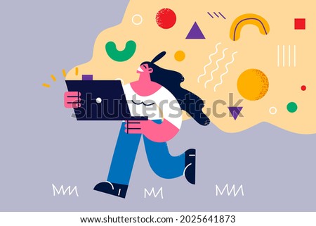 Creative ideas and technologies concept. Young smiling woman female character going with laptop with flying ahead ideas and creative things vector illustration 