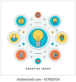 Creative ideas. Vector thin line business concept. Flat style illustration for website banner or promotional materials. Line icons and design elements