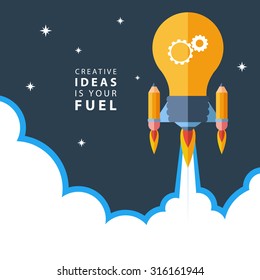 Creative Ideas Is Your Fuel. Flat Design Colorful Vector Illustration Concept For Creativity, Big Idea, Creative Work, Starting New Project.