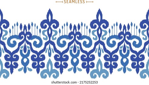 Creative ikat vector seamless border. Ethnic style divider. Uzbek modern ornament. Asian traditional tracery design. Modern ikat endless border.