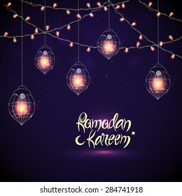 Creative illuminated hanging Arabic lanterns with glowing lights on purple background, Elegant greeting or invitation card for Islamic holy month, Ramadan Kareem celebration.