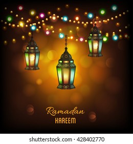 Creative illuminated hanging Arabic lanterns with glowing lights on shiny background, Elegant greeting or invitation card for Islamic holy month, Ramadan Kareem celebration.