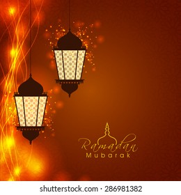 Lámparas creativas iluminadas colgantes o linternas en un hermoso y brillante diseño floral decorado de fondo marrón para el sagrado mes islámico de las oraciones, celebración Ramadan Mubarak.