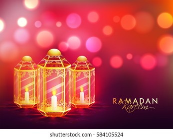 Creative Illuminated Lamps on glowing abstract background for Islamic Holy Month of Prayers, Ramadan Kareem celebration.