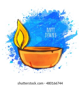 Creative Illuminated Lit Lamp on abstract paint stroke background, Vector greeting card for Indian Festival of Lights, Happy Diwali Celebration.